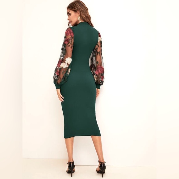 Flower Embroidered Green Pencil Dress M - Picture 3 of 7